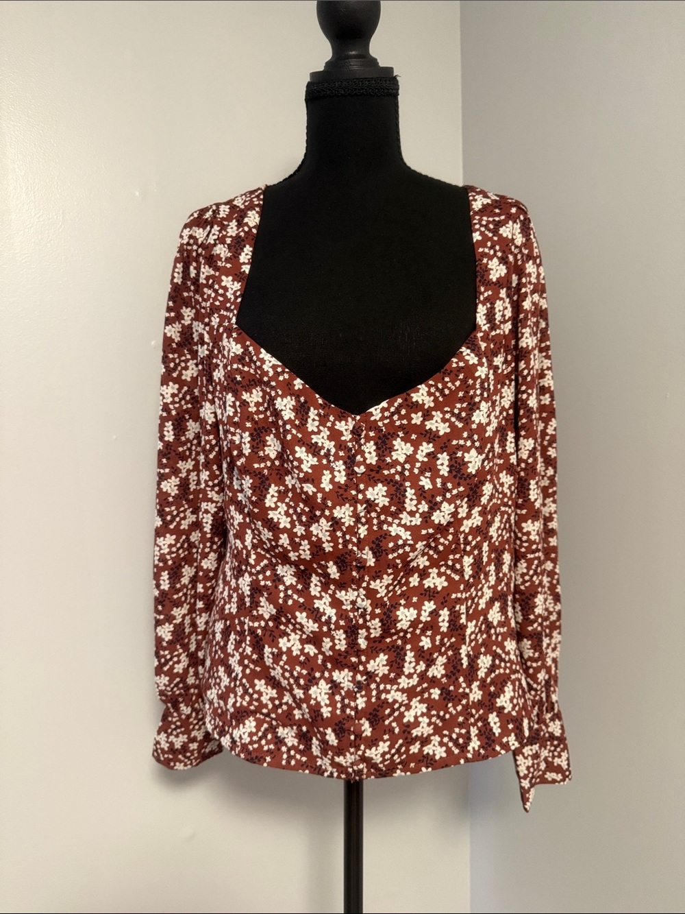 Abercrombie & Fitch Brown Floral Long-Sleeve V-Neck Top